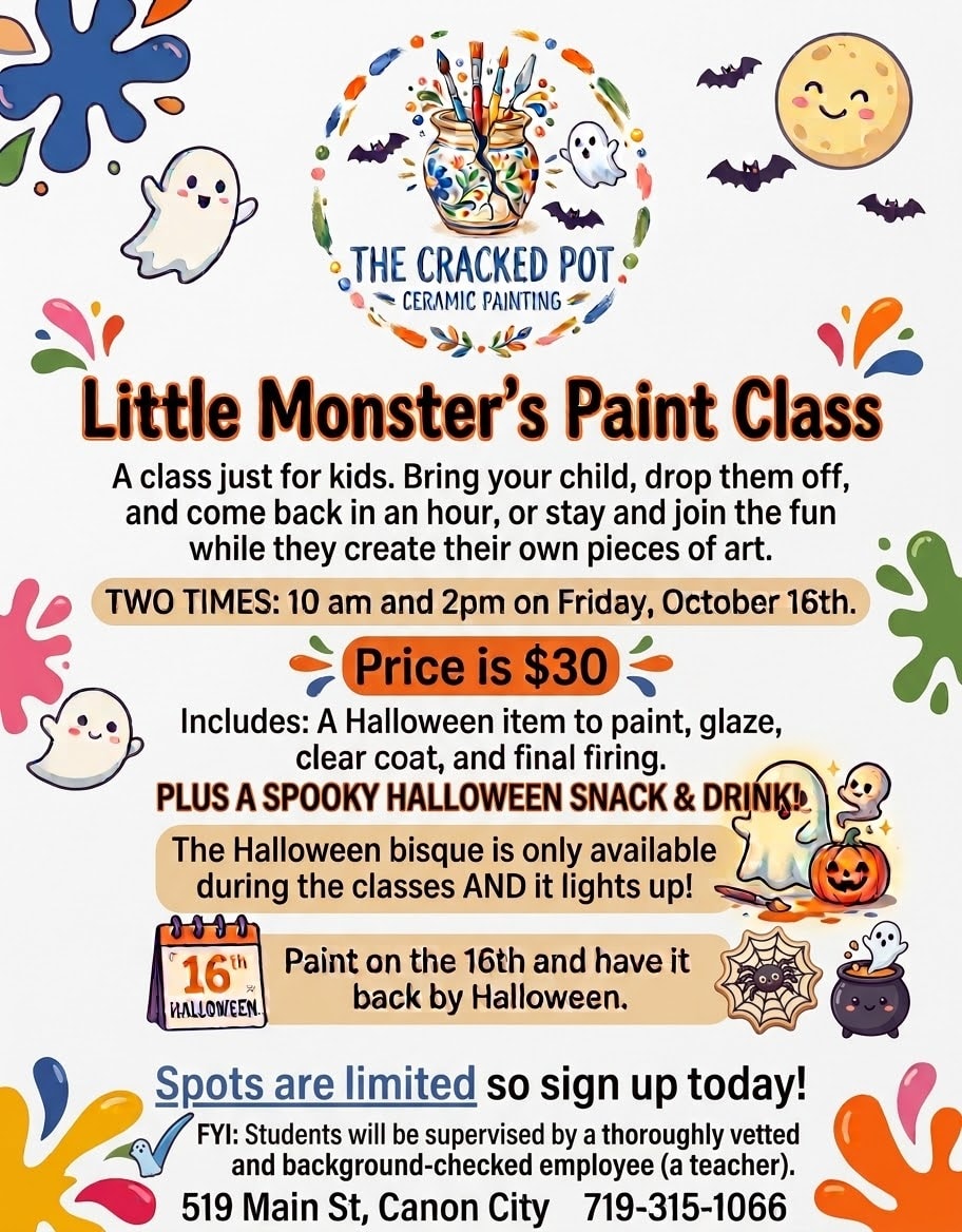 Little Monster's Paint Class flyer — Friday October 16th, two sessions at 10am and 2pm, $30