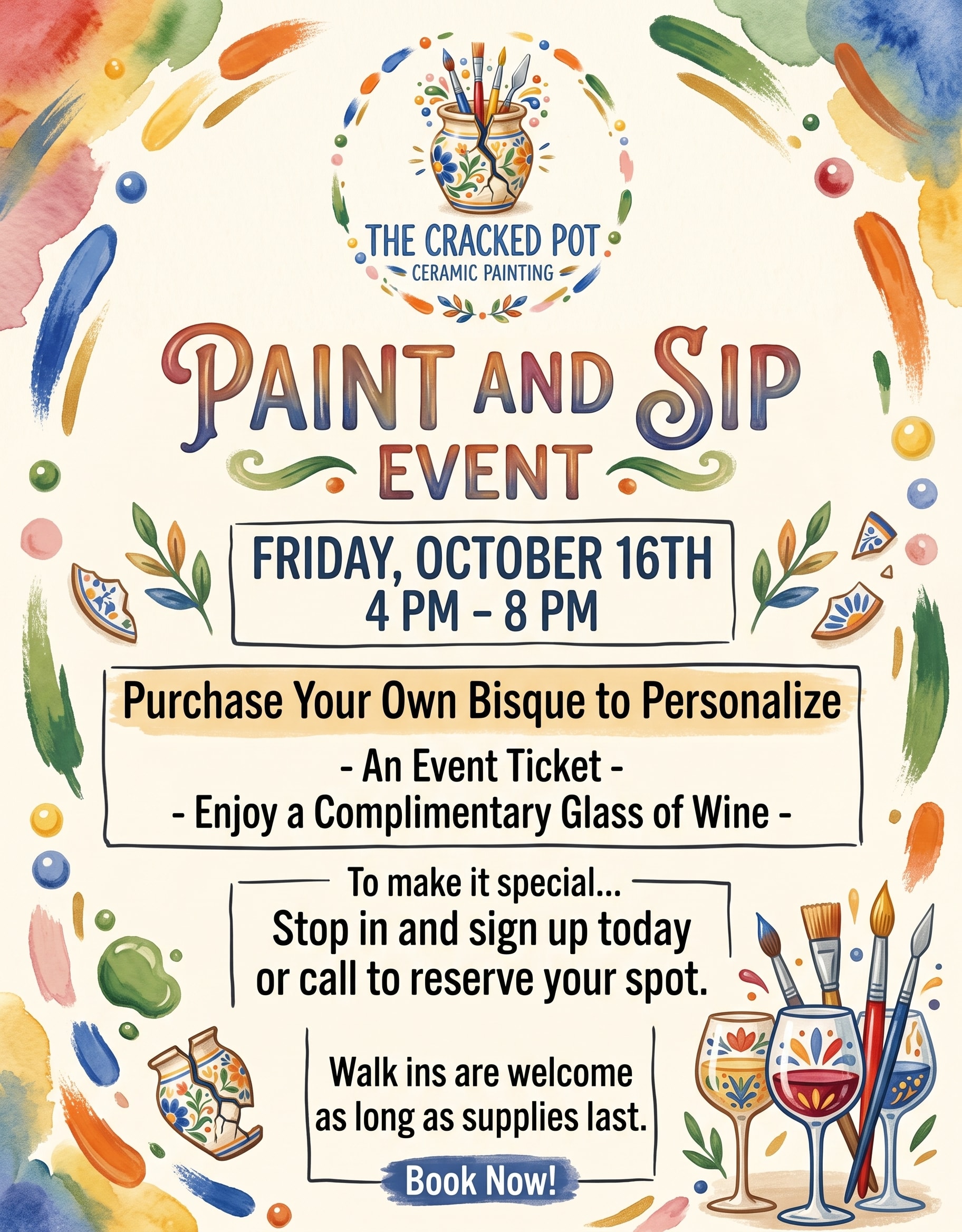 Paint and Sip Event flyer — Friday October 16th, 4pm to 8pm, featuring The Abbey Winery